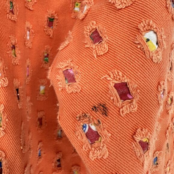 Via Via Couture Denim Jacket XL Orange Trucker Embroidered Textured Boho Retro - Picture 10 of 12